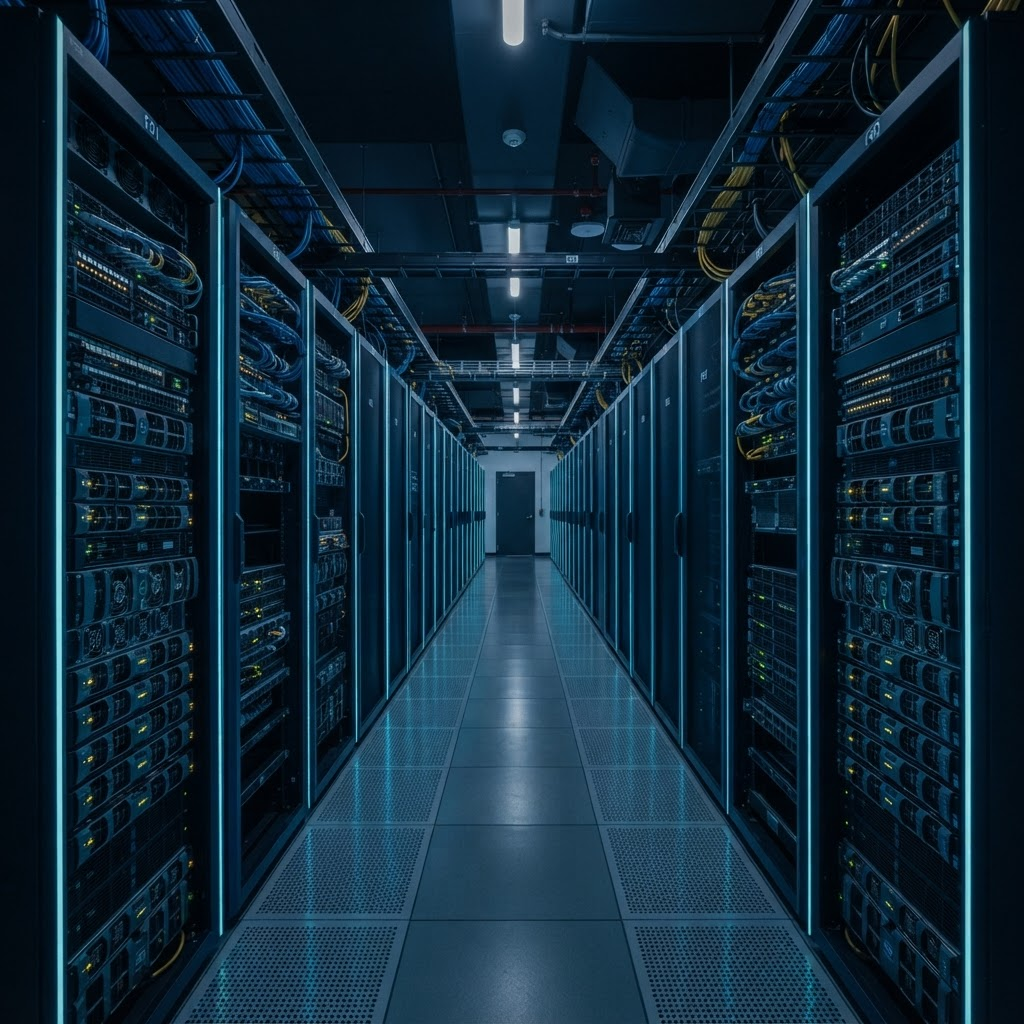 Enterprise data center cold aisle with cool blue accent lighting